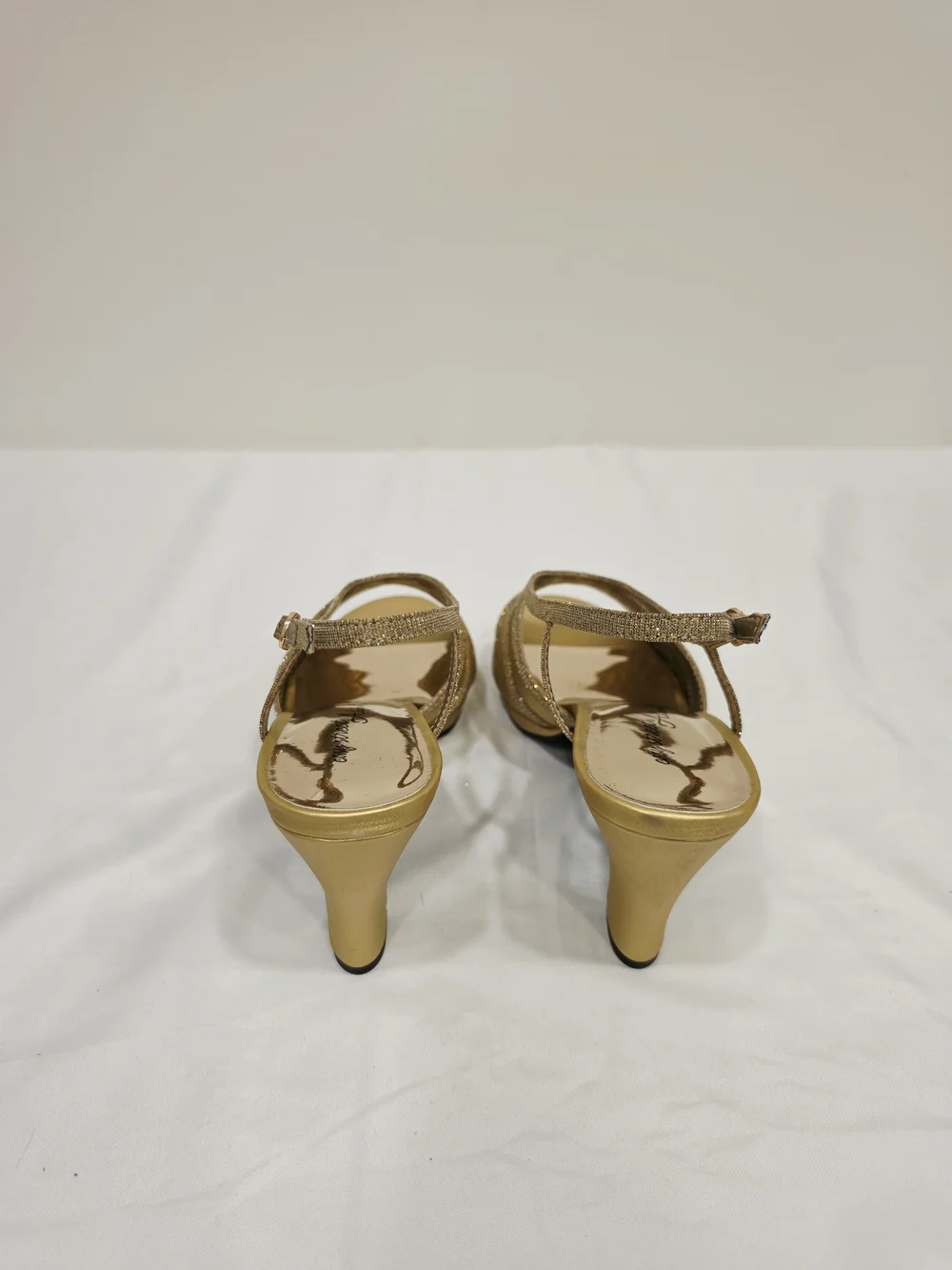 easy street Gold Satin Glitter Starlight Wide Size 10 Slingback Heels